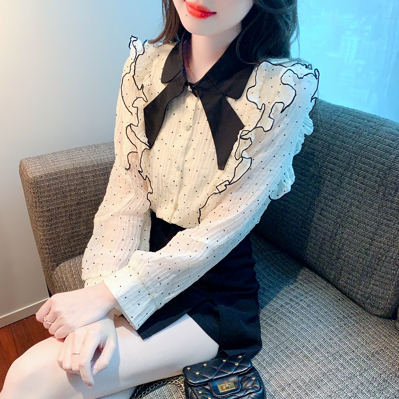 2024春季新款甜美蝴蝶結波點撞色木耳邊排扣寬鬆長袖襯衫女秋