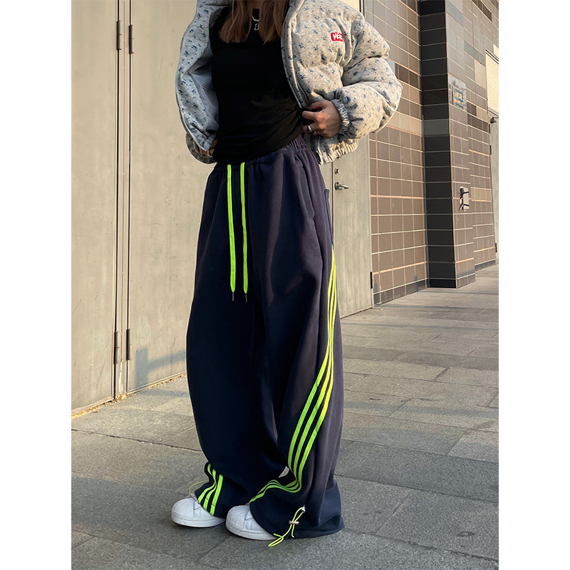 美式街頭條紋撞色闊腿衛褲男女復古寬鬆抽繩垂感鬆緊休閒褲