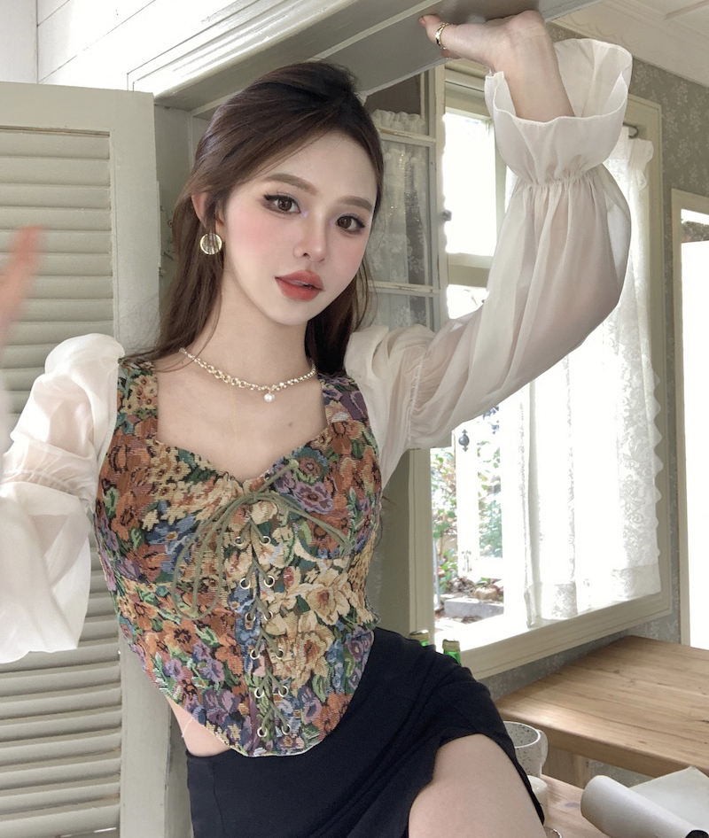 實拍 法式復古方領泡泡袖襯衫女春裝長袖設計感小眾法式短款上衣