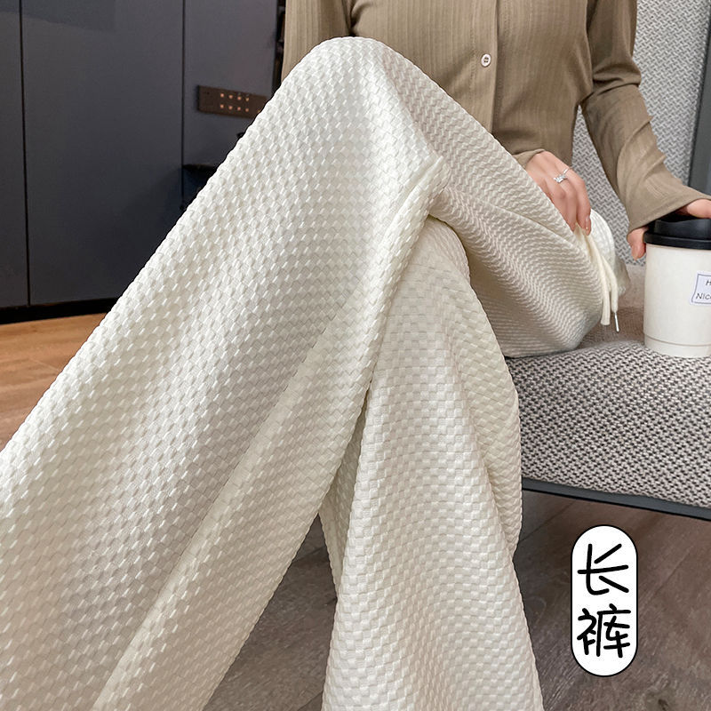 泡泡格闊腿褲女春裝2024新款高腰直筒寬鬆顯瘦垂感休閒褲子