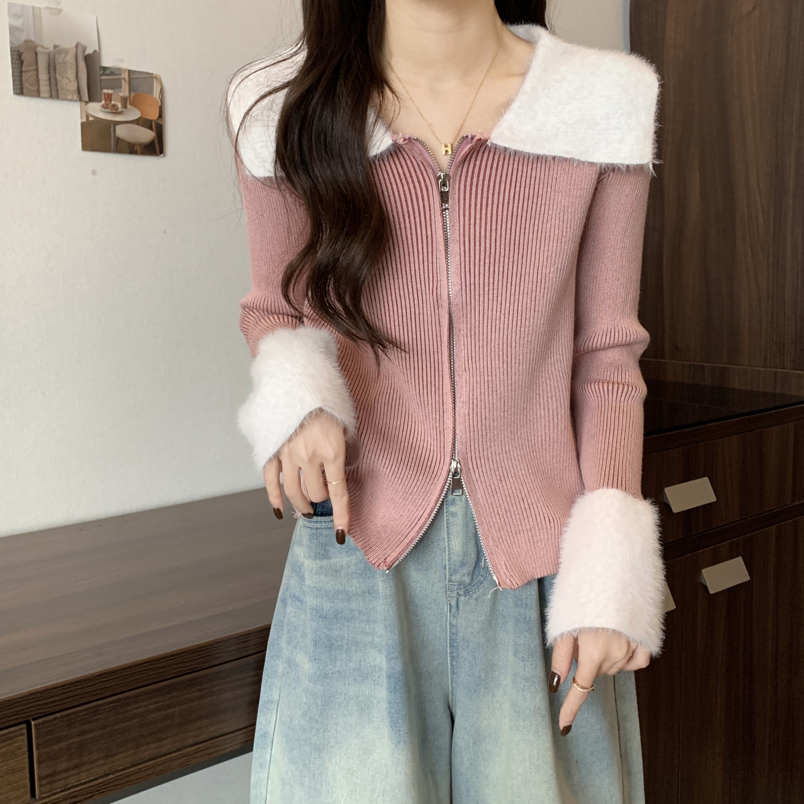 Real shot Korean style double zipper plush velvet strip slim fit versatile wool sweater long-sleeved sweater