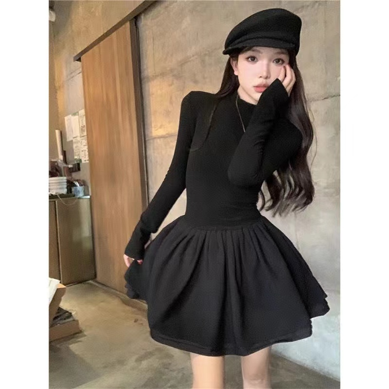 French black half-high collar dress for women in autumn and winter new short skirt with bottoming waist slimming tutu skirt for small people