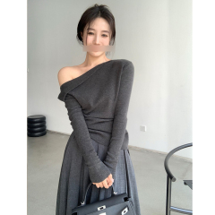 Official photo Ribbed velvet slanted shoulder design niche slim fit knitted bottoming shirt top T-shirt