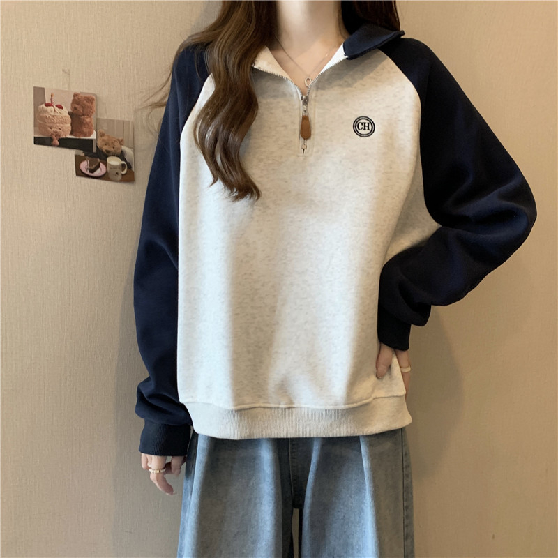 實拍 2024年春裝新款純棉華棉春秋薄款衛衣POLO領韓版上衣女