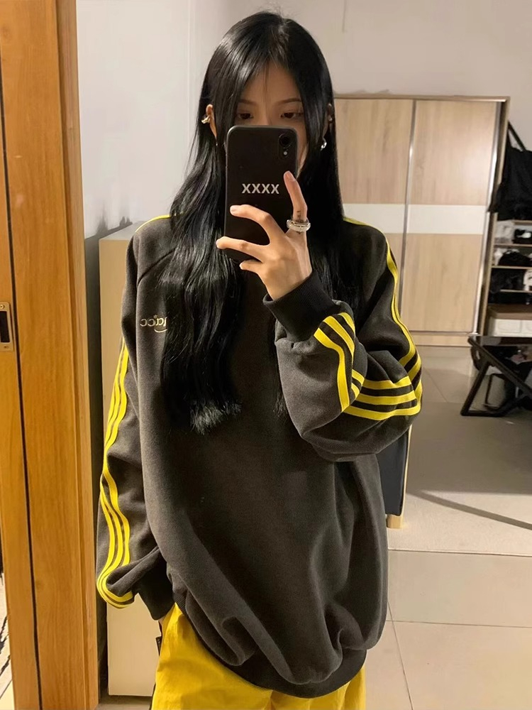 美式復古休閒百搭圓領衛衣男女春秋季設計感撞色三條槓套頭上衣潮