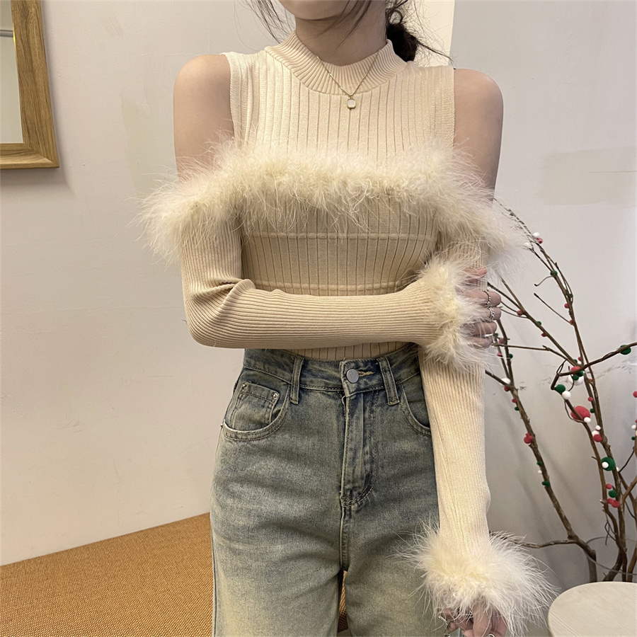 實拍假兩件拼接毛毛領一字肩針織衫女春內搭毛衣露肩上衣