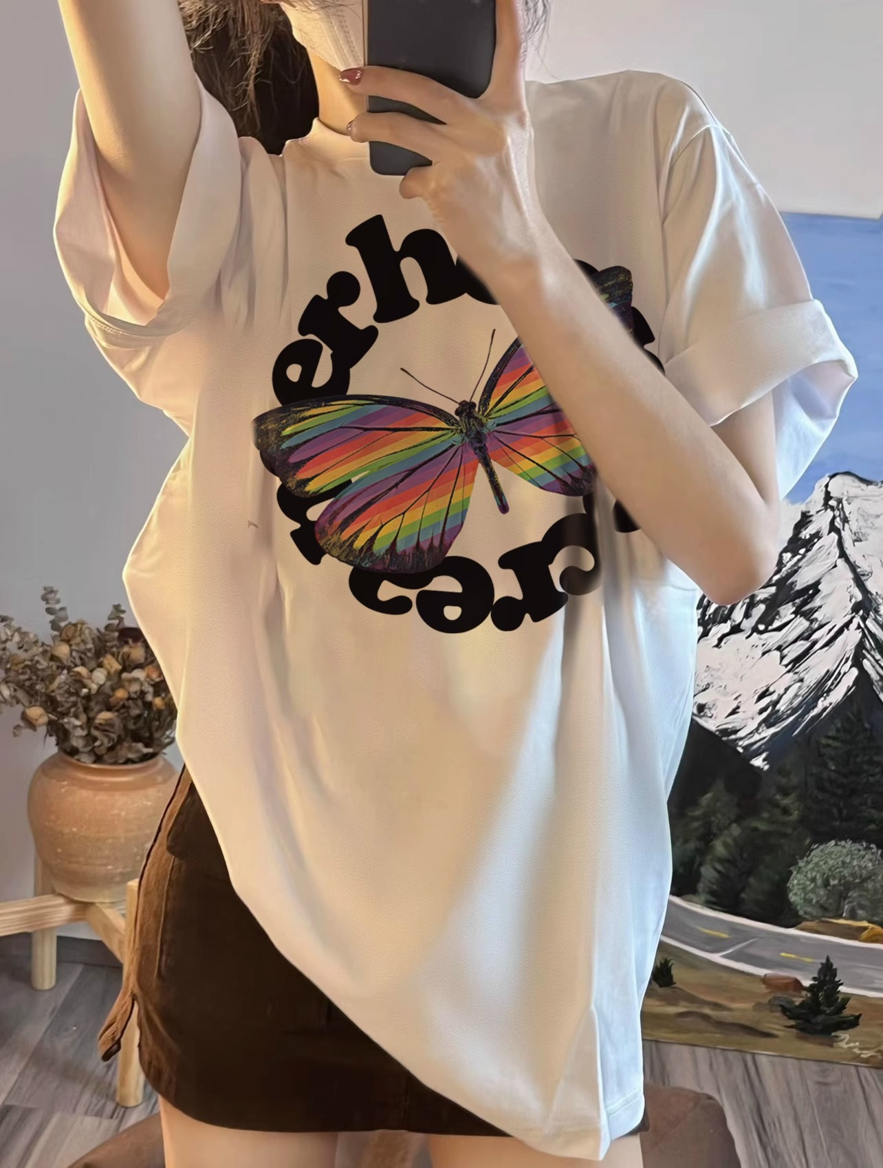 220克精梳緊密賽洛夏季寬鬆蝴蝶印花短袖T恤女