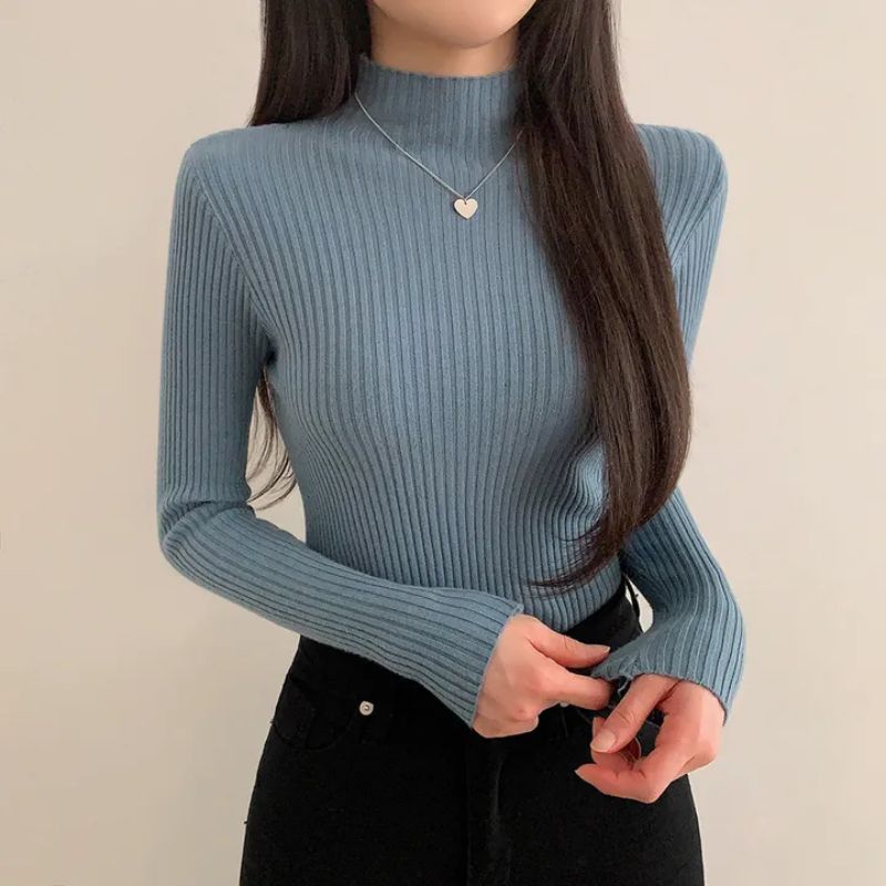 韓國chic半高領軟糯純色坑條紋毛衣女修身打底針織衫