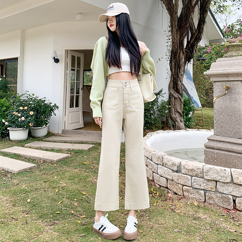 實拍~微喇牛仔褲女2024春季顯瘦彈力高腰排扣腰頭雙口袋九分褲ins