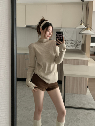 Real shot Korean style half turtleneck soft glutinous pit pattern knitted button-down sweater