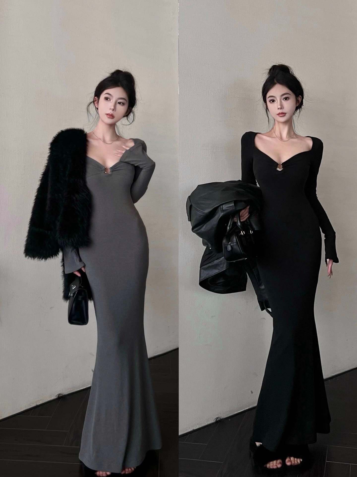 Pure lust style new long-sleeved hot girl dress bottoming autumn and winter slimming tight waist long slim fishtail skirt