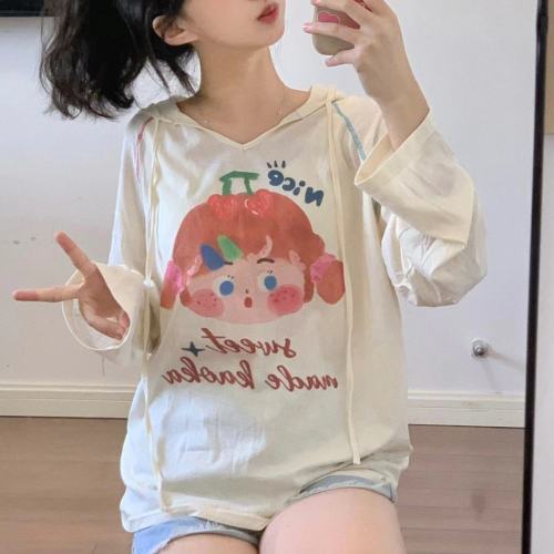 Cartoon printed hooded T-shirt for women, spring and summer thin Hong Kong style retro casual loose long-sleeved sun protection top