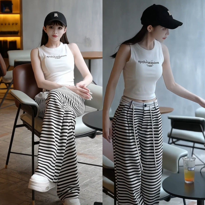 歐貨黑白條紋闊腿褲女顯瘦休閒2024早秋新款修身時尚寬鬆直筒長褲