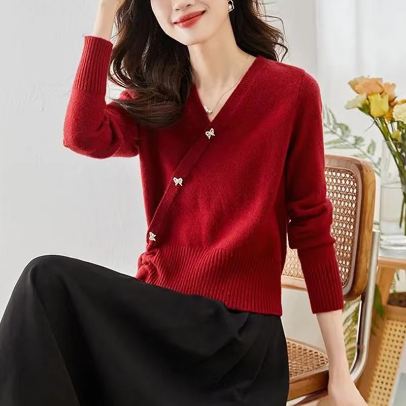 Maillard French V-neck chic sweater spring and autumn style red retro temperament sweater