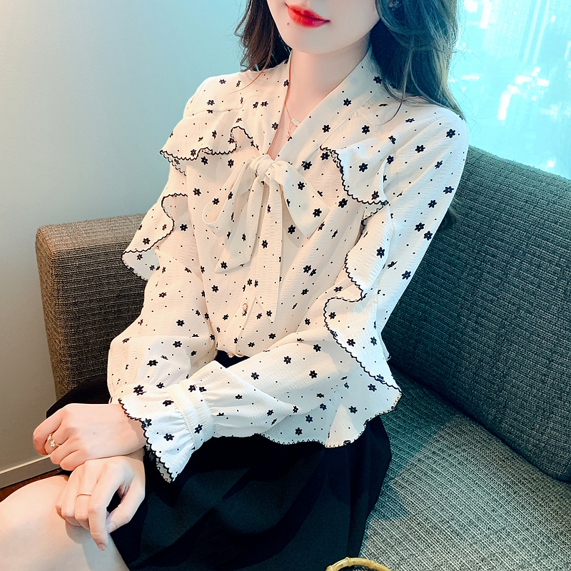 系帶碎花領帶白襯衫女2024早春季新款設計感蝴蝶結氣質雪紡衫襯衣