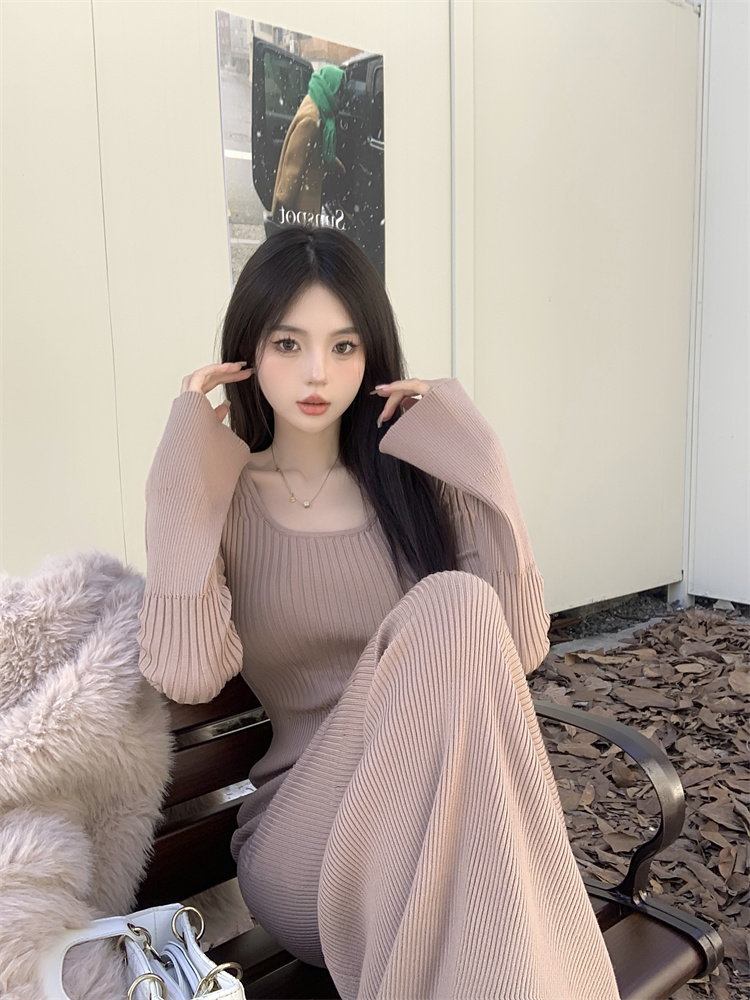 Actual shot of new spring knitted sweater with slim fit and hip-hugging dress