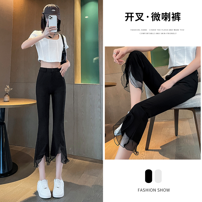實拍薄款夏秋七分褲微喇叭哥弟錦棉彈力休閒褲新褲蕾絲開叉