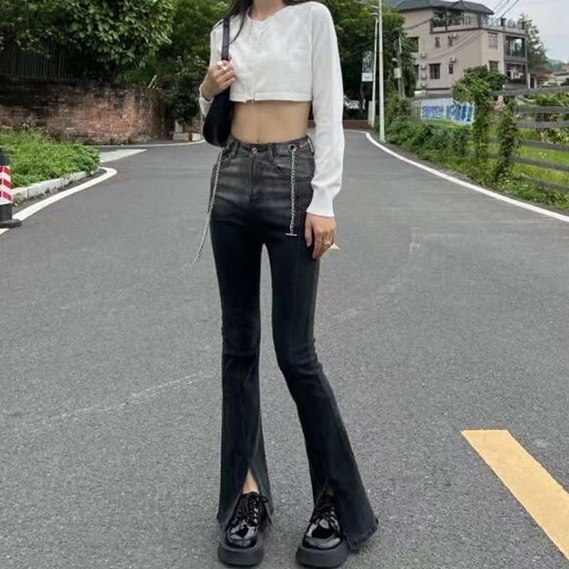 漸變色開叉微喇牛仔褲子女春秋修身顯瘦設計感高腰鏈條彈力拖地褲