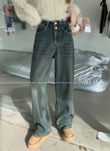 Actual shot of velvet thickened high-waisted loose slimming straight-leg wide-leg long jeans for women