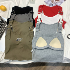 Real-shot sweet, edgy, and spicy cutie top with chest padding and lettering—women's short, trendy, and figure-flattering summer 2024 design.