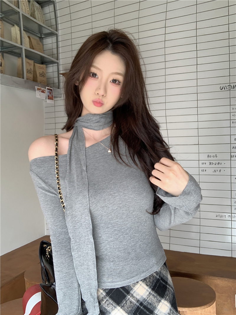 實拍 春純欲風露肩長袖t恤女小眾設計感一字肩圍脖上衣