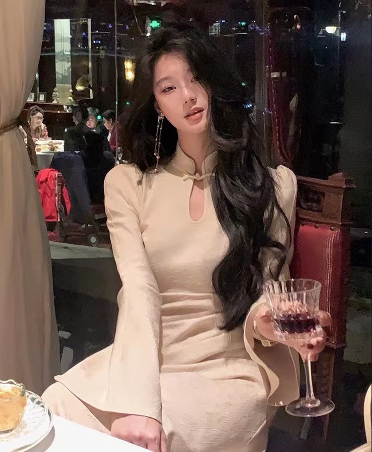 從一時刻 立領魚尾新中式旗袍連衣裙女秋冬新款超好看氣質長裙