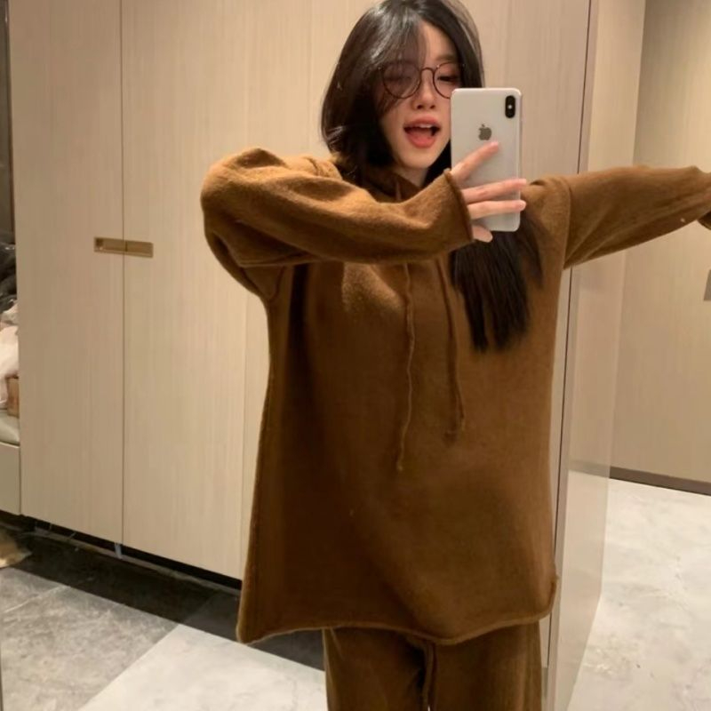 美拉德高級氛圍感慵懶風外穿連帽毛衣秋冬季大碼休閒套裝兩件套女