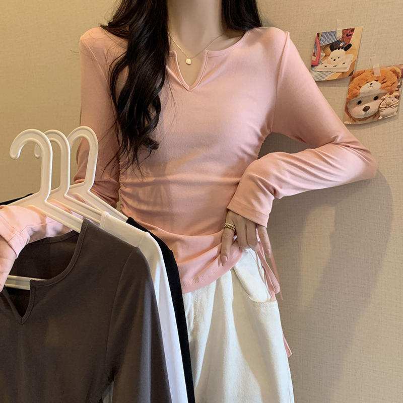 顯瘦舞蹈服上衣女長袖修身抽繩t恤春秋設計感短款上衣內搭打底衫