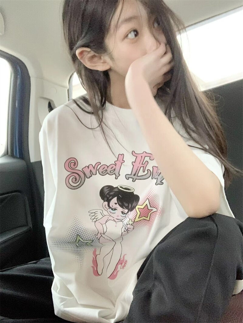 高品質純棉T恤卡通字母印花短袖上衣潮牌寬鬆男女情侶T