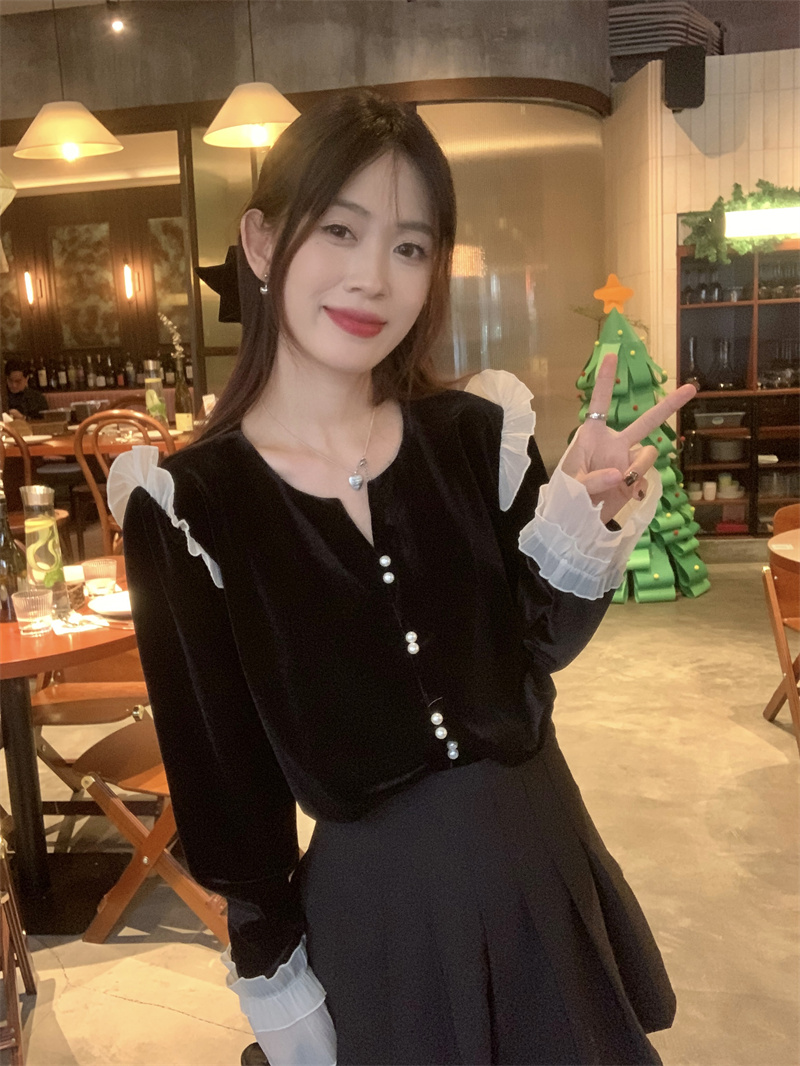 實拍 V領單排扣長袖荷葉邊甜美襯衫氣質韓系時尚設計感小眾上衣