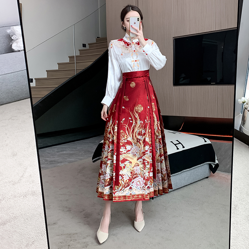 實拍 新中式國風鳳舞九天仿妝花馬面裙重工刺繡立領衫敬酒服漢服