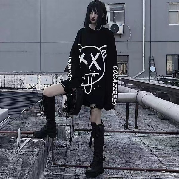 Graffiti grimace round neck sweatshirt for men and women couple dark style loose ulzzang hip hop long sleeve national trend brand