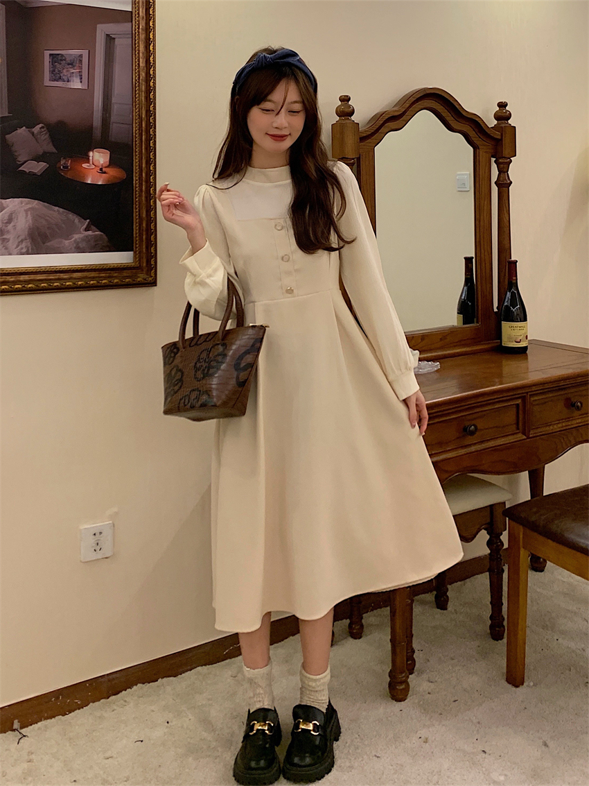 實拍 假兩件拼接氣質圓領法式裙子2024新款春季中長連衣裙女