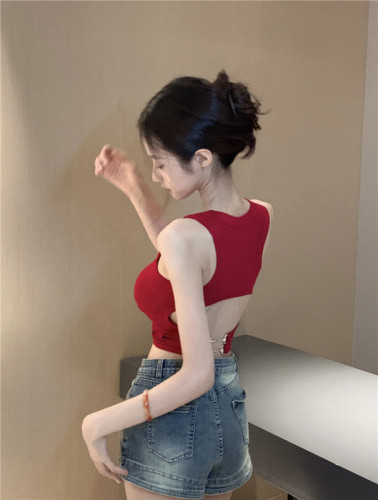 Actual shot~Spring style~hot girl American sweet and cool backless hollow camisole with breast pads bottoming top