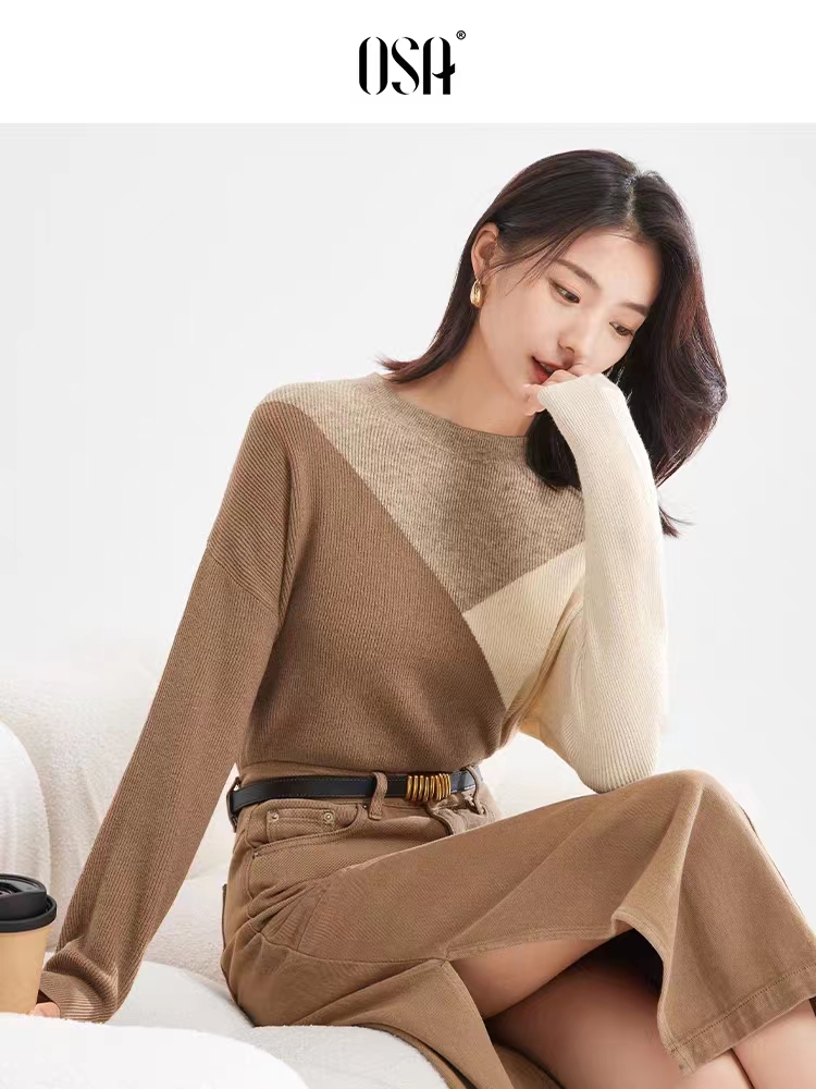 OSA歐莎套頭毛衣女寬鬆慵懶風長袖毛針織衫2024秋裝蝙蝠袖打底衫