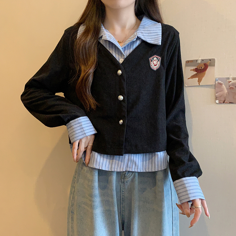 Actual shot of 2024 spring new style fat mm plus size women's college style fake two-piece design niche knitted tops for women