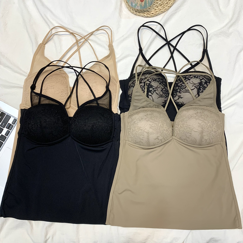 實拍女士背心新款顯瘦性感蕾絲內衣一體固定杯墊防垂上托無痕文胸