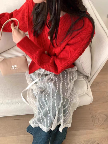 韩国抽绳系带时尚蕾丝叠穿透视氛围感半身裙女