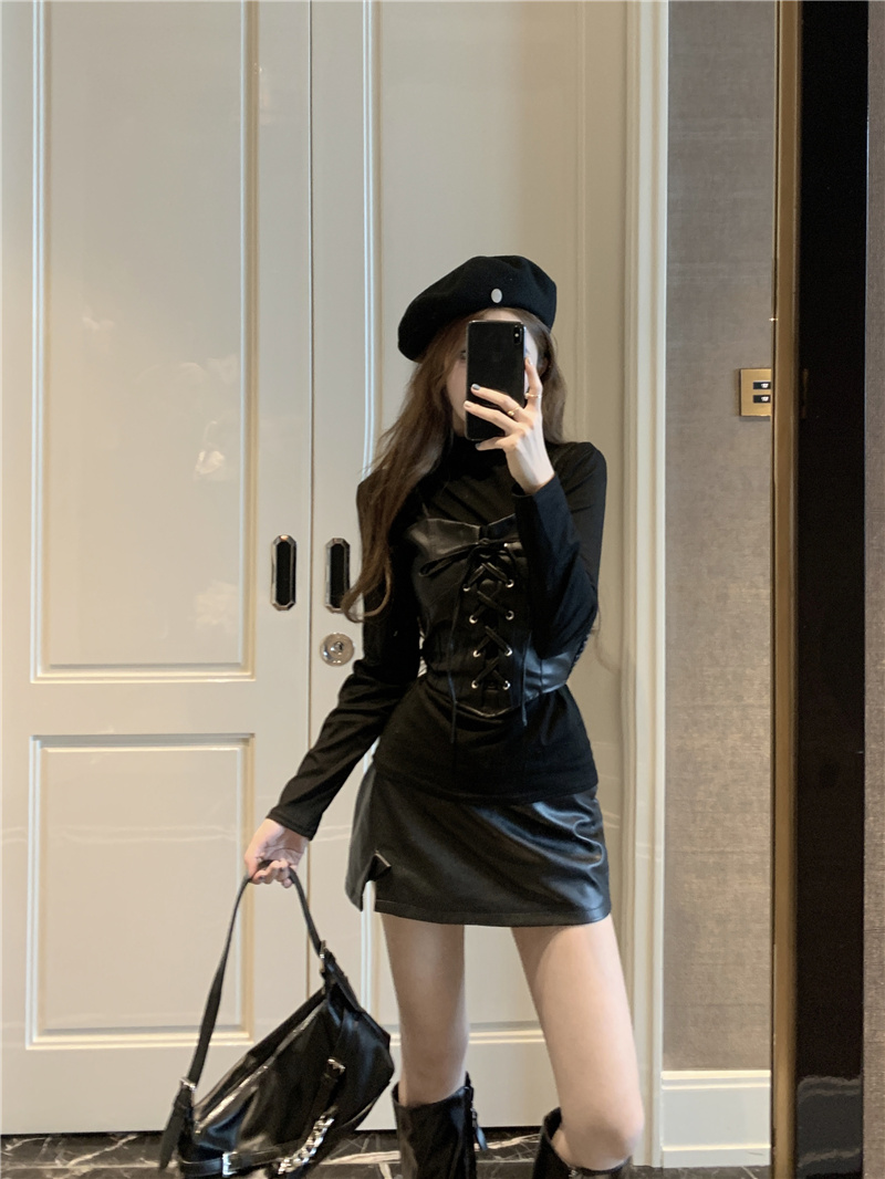 實拍~純欲PU皮束腰抹胸修身顯瘦百搭馬甲長袖兩件套上衣女