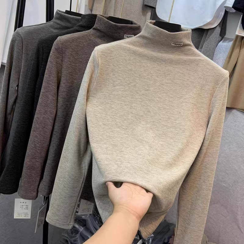 300g double-sided cashmere autumn and winter half turtleneck brushed German velvet long-sleeved T-shirt women's trendy inner top