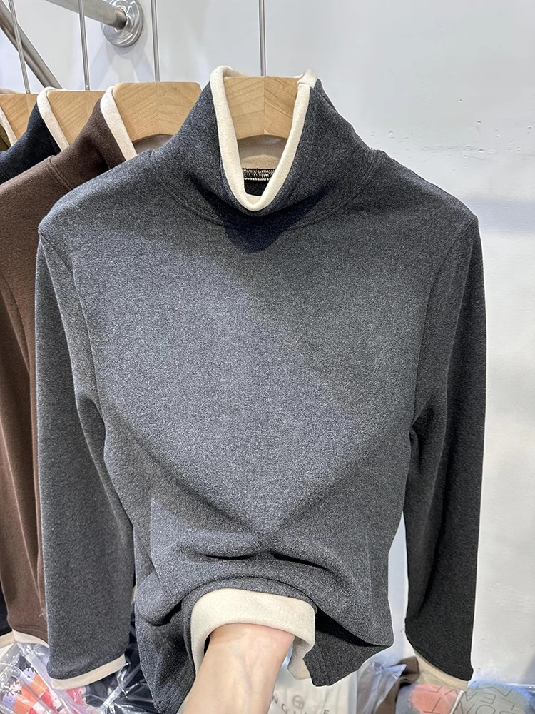 European high collar 2024 winter simple versatile stand-up collar color matching fake two-piece layered bottoming shirt double-sided velvet T-shirt trendy