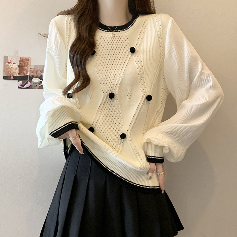 Real shot of plus size women's clothing 2024 spring new design stitching knitted tops casual and versatile knitted sweaters