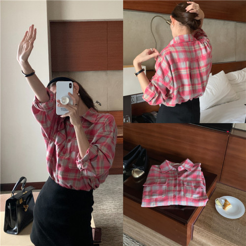 Actual shot of Korean style casual and versatile double pocket plaid polo collar long-sleeved shirt