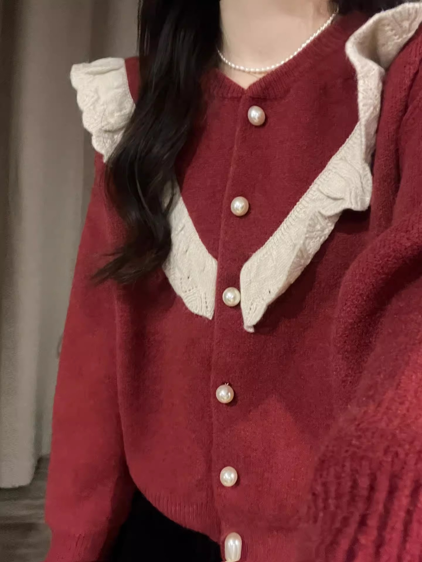 Sheep wool Japanese retro red pearl button gentle style 2024 cardigan sweater jacket for women