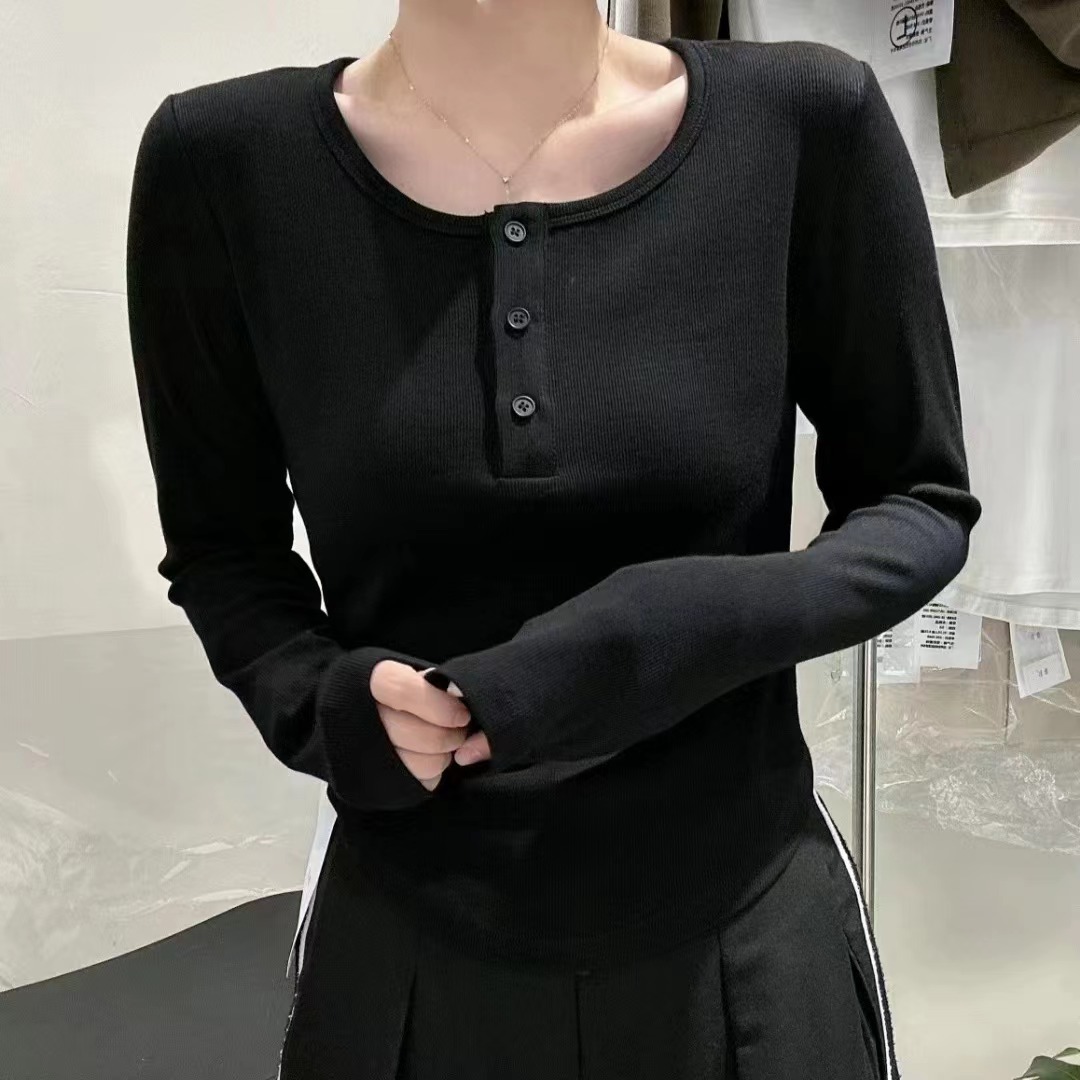 2024新款溫柔純欲風正肩長袖t恤女春秋季內搭打底針織衫短款上衣