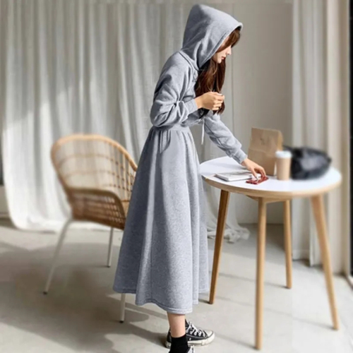 Sweatshirt dress plus size spring and autumn sweatshirt dress women's long slimming high-waisted hooded dress casual skirt