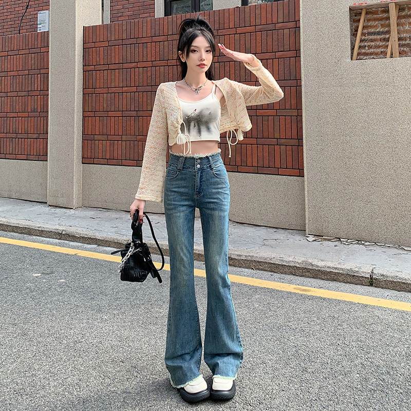 實拍~復古高腰彈力牛仔褲女春款2024年新款微喇毛邊辣妹馬蹄褲子