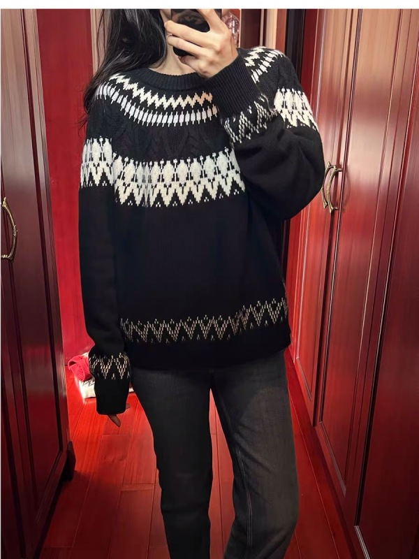復古提花圓領寬鬆百搭針織衫女秋冬新款慵懶風軟糯新年紅色毛衣潮