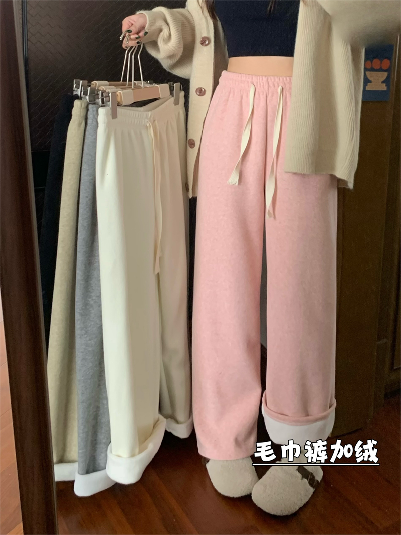 實拍秋冬嬰兒絨加厚保暖毛巾褲百搭直筒顯瘦闊腿褲