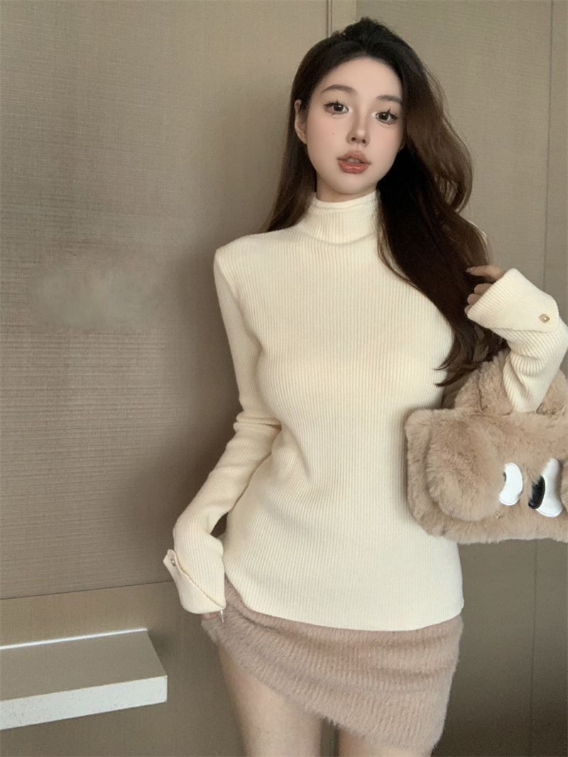 Real shot Korean style half turtleneck soft glutinous pit pattern knitted button-down sweater